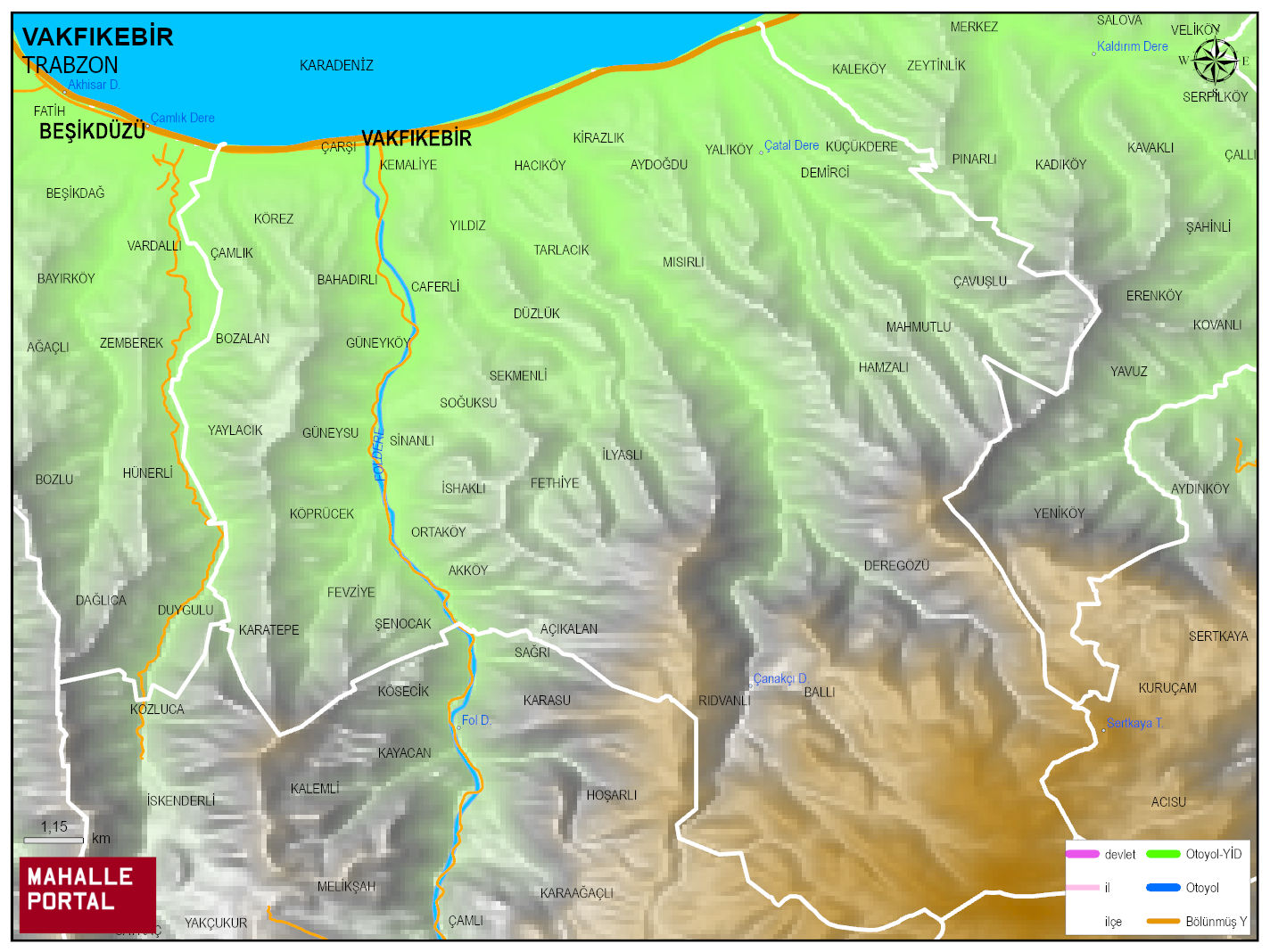 VAKFIKEBİR Fiziki Haritası | Coğrafi Yapı ve Detaylı İlçe Haritası