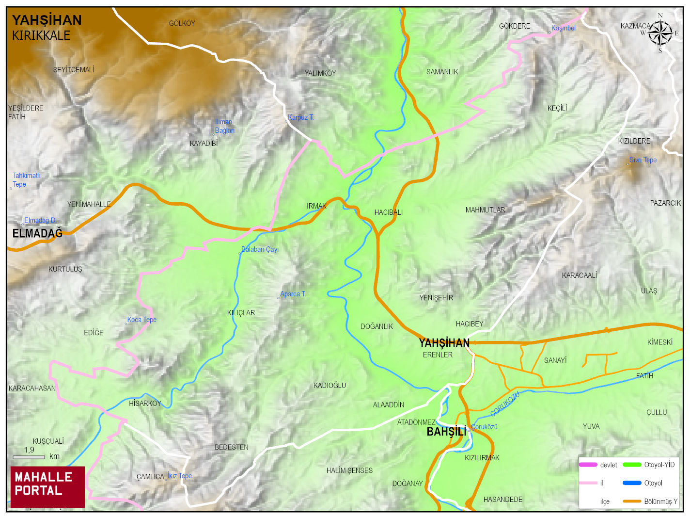 YAHŞİHAN Fiziki Haritası | Coğrafi Yapı ve Detaylı İlçe Haritası