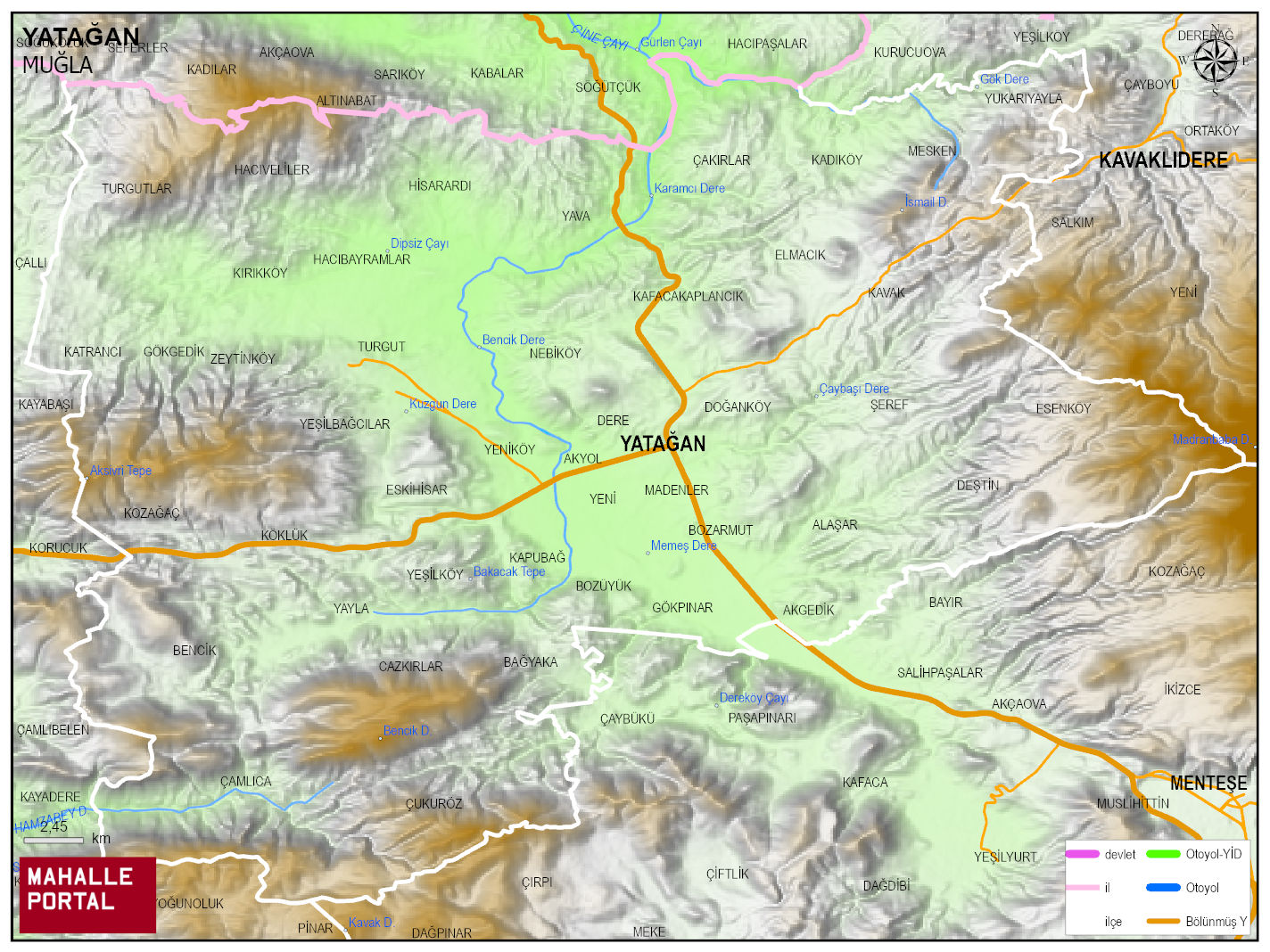 YATAĞAN Fiziki Haritası | Coğrafi Yapı ve Detaylı İlçe Haritası
