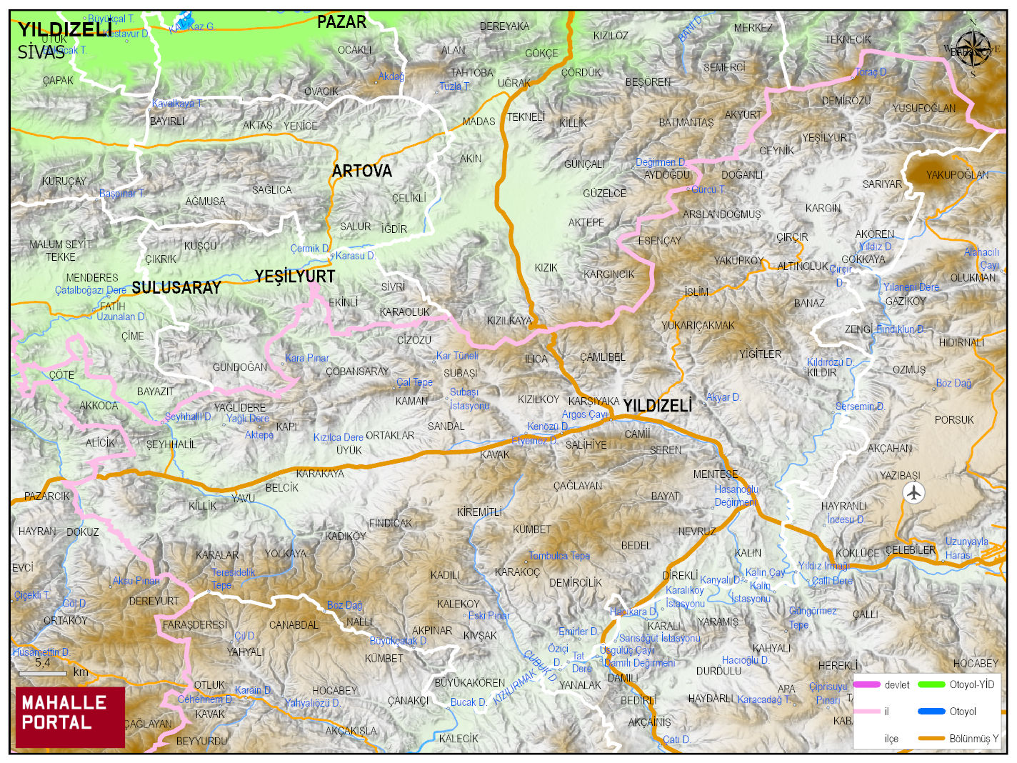 YILDIZELİ Fiziki Haritası | Coğrafi Yapı ve Detaylı İlçe Haritası