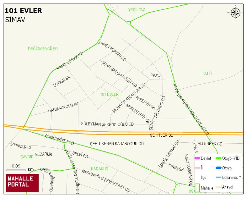 101 EVLER Mahallesi Haritası | Mahalle ve Köy Sınırı