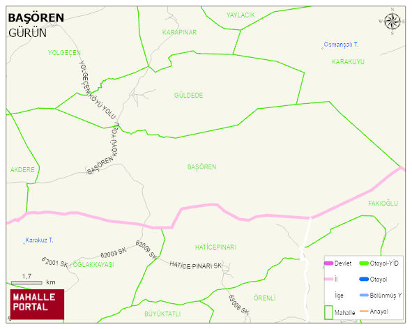 BAŞÖREN Köyü Haritası | Dağlar, Ovalar ve Akarsu Bilgileri