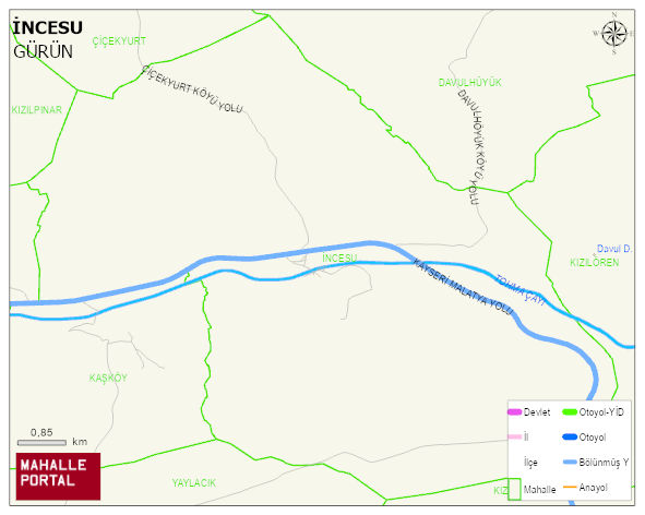 İNCESU Köyü Haritası | Dağlar, Ovalar ve Akarsu Bilgileri