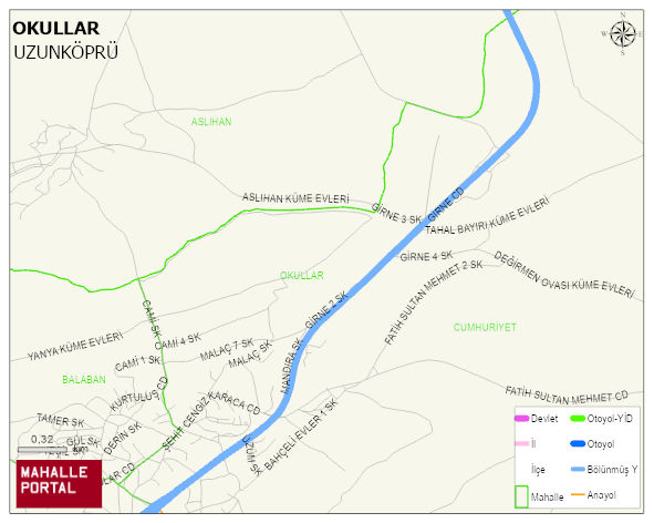 KIRCASALİH BELDESİ OKULLAR Mahallesi Haritası | Dağlar, Ovalar ve Akarsu Bilgileri