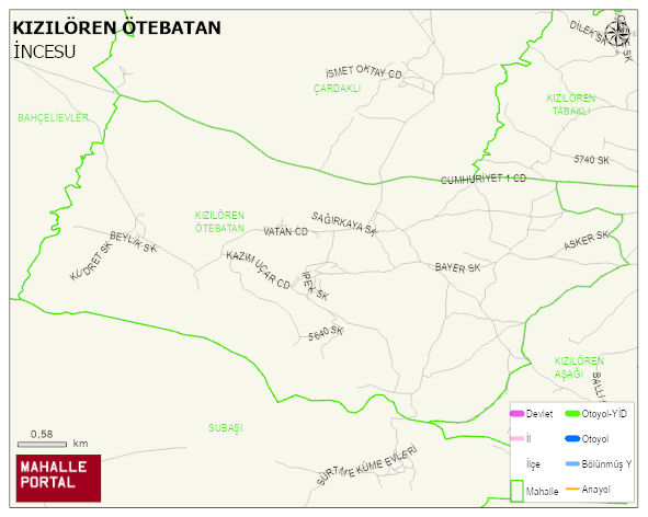 KIZILÖREN ÖTEBATAN Mahallesi Haritası | Yükselti ve Doğa Özellikleri