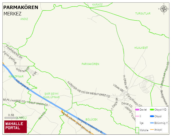 PARMAKÖREN Mahallesi Haritası | Yükselti ve Doğa Özellikleri