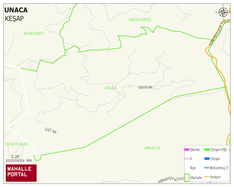 UNACA Köyü Haritası | Yükselti ve Doğa Özellikleri
